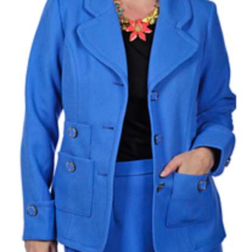 JACKET, KNIT, JOAN RIVERS, PERIWINKLE, SZ 3X, NOTCH COLLAR, 3 POCKETS, FRONT